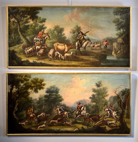 Pendant di opere 'Paesaggio con scena bucolica', 'Paesaggio con scena di caccia'